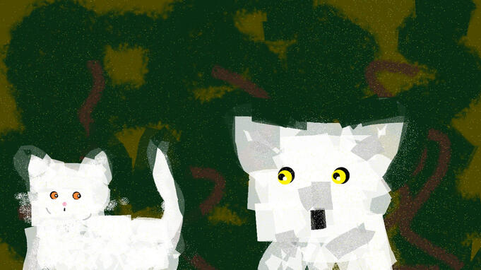 a white wolf with yellow eyes (may) and a white cat with orange eyes (skalva) look at each other, a degree of curiosity and uncertainty in their expressions. a mix of browns and greens behind them give the impression of a forest. the whole scene sparkles.
